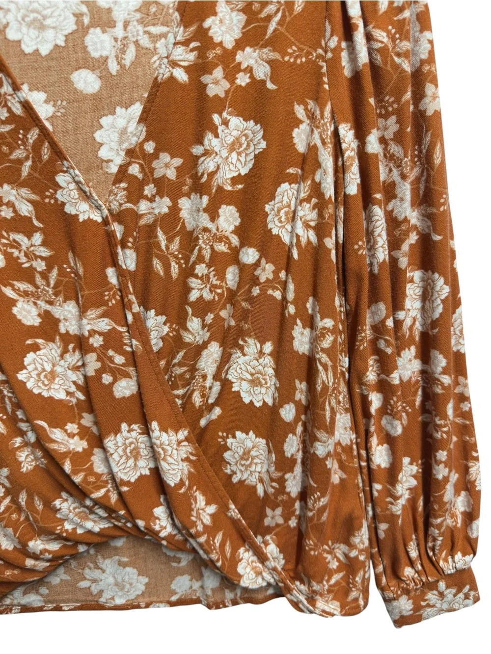 Pure Rayon Gauze Chambray Flannel Knit Rust Floral Drape Wrap Surplice Blouse